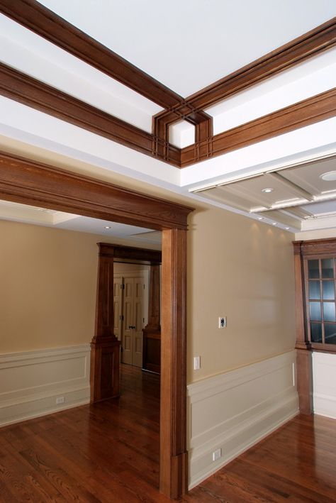 Modern Ceiling Design Ideas, Modern Craftsman Interior, Modern False Ceiling Design, Ceiling Moulding, Modern Ceiling Design, Oak Ceiling, Craftsman Architecture, Craftsman Ceiling, Modern False Ceiling