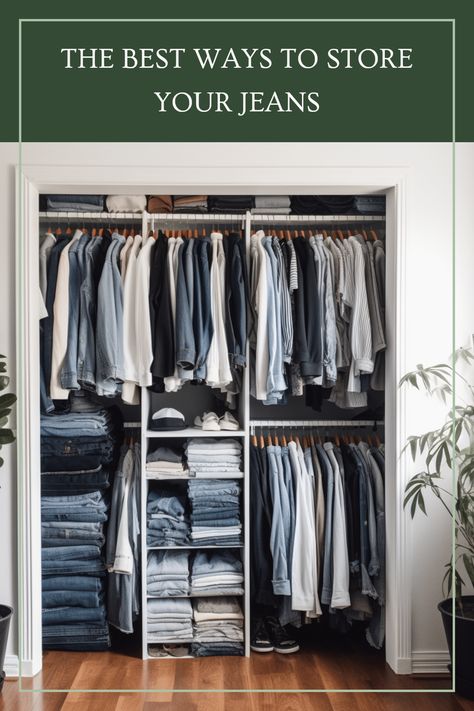 Are your jeans taking over your closet? Discover stylish and practical ways to store your denim collection! In this post, we cover clever tips and tricks to organize your jeans while maximizing closet space. Say goodbye to wrinkles and uneven stacks! Learn about hanging vs. folding jeans, unique storage solutions, and how to maintain their perfect shape. Whether you prefer a minimalist approach or want to showcase your favorite pairs, you'll find the perfect method to suit your style. Transform your denim dilemma today! Jeans Storage In Closet, Store Jeans In Closet, Jeans Organization Closet, Jeans In Closet, Jeans Organization, Maximizing Closet Space, In Closet Storage, Jeans Storage, How To Fold Jeans