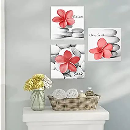 Amazon.com: Genius Décor -Modern Coral Gray Bathroom Wall Art Decor Zen Flowers Pictures Canvas Print Relax Soak Unwind Set of 3 (Coral), 12 x 12 Inch: Posters & Prints Coral And Gray Bathroom, Coral Bathroom Ideas, Coral Bathroom Decor, Yellow Bathroom Walls, Coral Bathroom, Gray Bathroom Walls, Relax Soak Unwind, Gray Shower Curtains, Gray Bathroom Decor