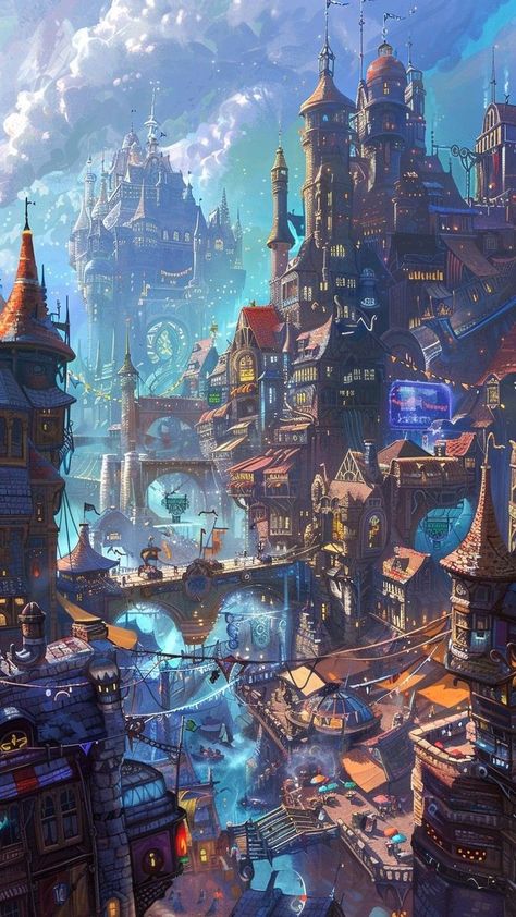 Fantasy Bridge City, Magepunk City, Rich City Fantasy Art, Fantasy Technology City, Fantasy Mountain City Concept Art, Machine World Concept Art, Steampunk Futuristic City, Fantasy City In The Sky, Fantasy Industrial City