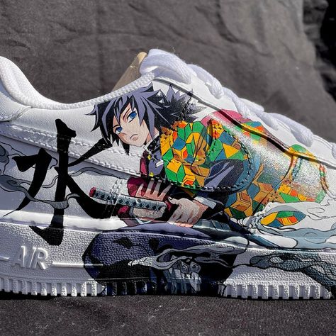 Demon Slayer Kimetsu no Yaiba - Tanjizo x Giyu Air Force 1 Custom Painting Shoes, Air Force 1 Custom, Custom Air Force 1, Best Shoes For Men, Carpentry Diy, Leather Paint, Custom Painting, Unique Shoes, Woodworking Wood