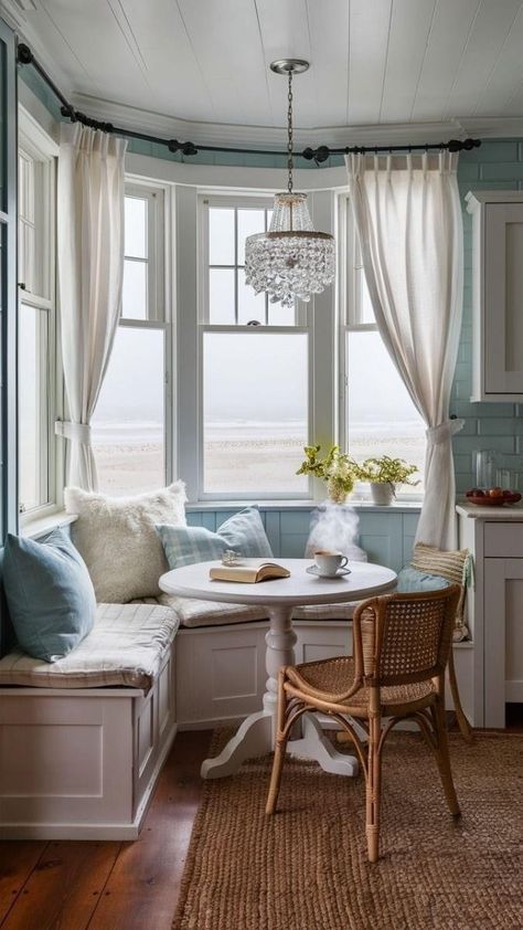 Built In Breakfast Nook Corner, Coastal Breakfast Nook, Coastal Breakfast, Small Breakfast Nook Ideas, Breakfast Nook Curtains, Kitchen With Breakfast Nook, Farmhouse Breakfast Nook, Small Breakfast Nook, Cozy Kitchen Nook