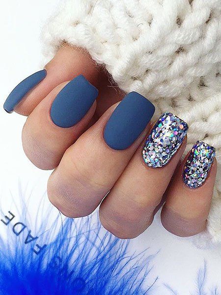 Matt Blue With Feature Glitter Nails Blue Winter Nails, Dip Nail Colors, Hacks Beauty, Blue Nail Designs, Elegant Beauty, Blue Winter, Makeup Hacks, Winter Nail Designs, Dip Powder Nails