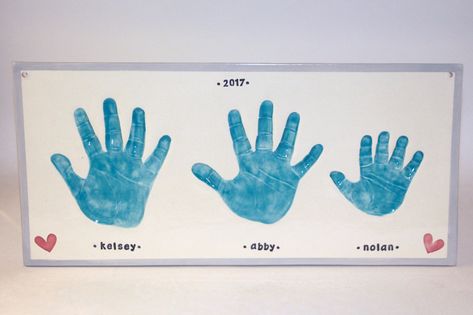 Sibling Handprint Art, Clay Handprint, Family Hand Prints, Sibling Art, Shadow Box Gifts, Footprint Craft, Clay Hand, Footprint Art, Handprint Crafts