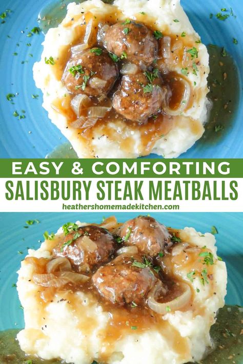 This Salisbury Steak Meatballs Recipe is comforting and satisfying. Tender beef meatballs smothered in a savory onion gravy are incredibly delicious! A mouthwatering and cozy dish that the entire family is going to rave over! Stovetop Meatballs, Smothered Steak, Easy Salisbury Steak, Meatball Recipes Crockpot, Salisbury Steak Meatballs, Meatballs And Gravy, Meatball Dinner, Minced Meat Recipe, Meatball Recipes Easy