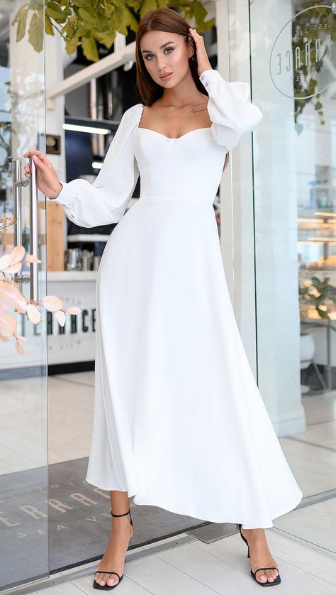 Puff-Sleeve Wrap Asymmetric Dress Bridal Shower Dress With Sleeves, Modest Engagement Dress, Winter Elopement Dress, Courthouse Bride, Long Sleeve White Midi Dress, Midi White Dress, White Dress Women, Elopement Wedding Dress, Confirmation Dresses