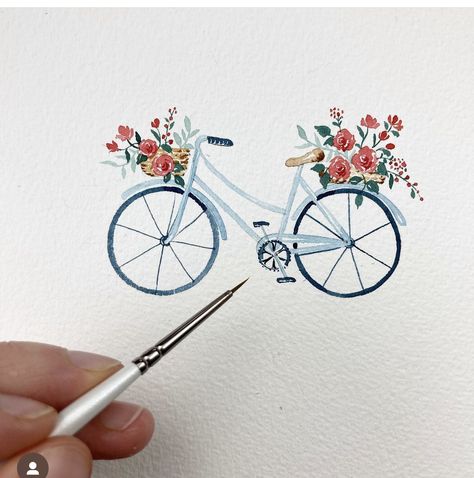 Painting Idea Simple, Watercolor Bicycle, Watercolor Bike, Graphite Painting, Bike Painting, Bicycle With Flowers, Bicycle Drawing, Card Painting, Bicycle Illustration