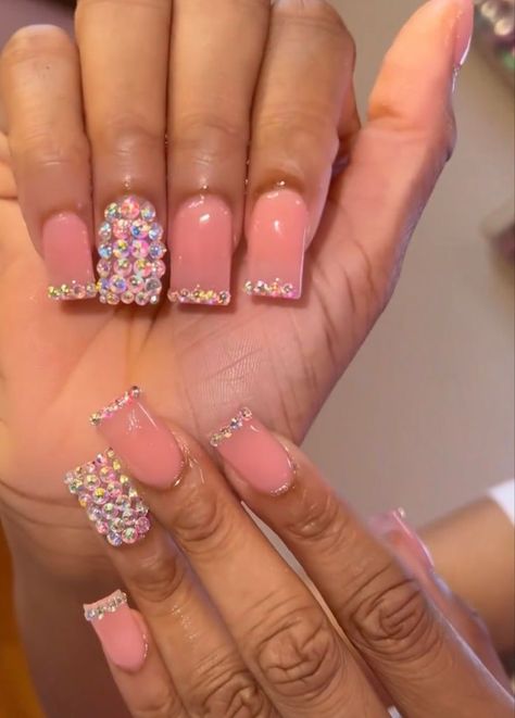 Short Nails Ideas Jewels, Nail Designs With Small Rhinestones, Short Nails Acrylic Diamonds, Nail Ideas With Rhinestones Square, Boujie Nails Acrylic Short, Rhinestone Nail Designs Bling, Short Nail Designs With Bling, French Tip Nails Real Nails, Cute Short Nails With Rhinestones