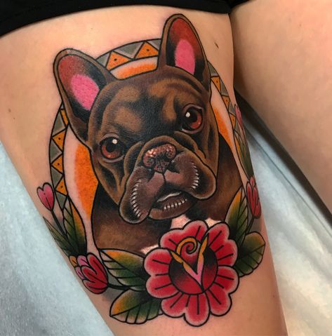 Traditional Tattoo Woman, Dog Portrait Tattoo, Puppy Tattoo, Indian Feather Tattoos, French Bulldog Tattoo, Bulldog Tattoo, Dog Memorial Tattoos, Traditional Tattoo Sleeve, Tattoo Traditional