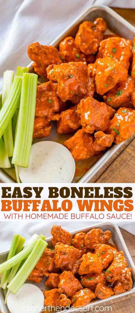 Boneless Buffalo Wings with boneless chicken breast coated in breading and fried to perfection, with spicy buffalo wing sauce, ready in only 45 minutes! #fried #homemade #buffalowings #gameday #tailgating #party #chicken #superbowl #sauce #appetizer #dinnerthendessert Boneless Chicken Wings Recipe, Boneless Wing Recipes, Boneless Buffalo Wings, Chicken Wing Recipes Fried, Boneless Chicken Wings, Hot Wing Recipe, Wings Recipe Buffalo, Chicken Recipes Boneless, Buffalo Wing