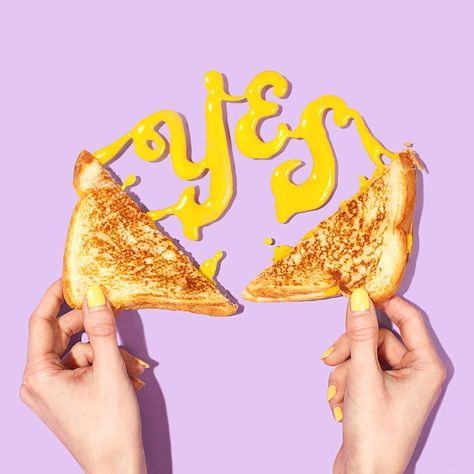 Yes to Cheese | Amy Shamblen, Art Direction, Colorful Content Creation, Photo Styling, Food Photography, Food Typography Design, Food Lettering, Typographic Art, Grilled Cheese Sandwich Grilled Cheese Photography Food Styling, Grilled Cheese Food Photography, Food Photography Illustration, Cheese Art Design, Letters With Food, Food Photography Graphic Design, Food Content Creation Ideas, Graphic Food Photography, Grilled Cheese Photography