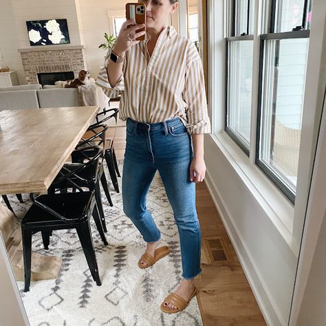 jillgg's good life (for less) | a west michigan style blog: J.Crew try on session! J Crew Looks, Western Michigan, Comfortable Loafers, Sweater Blazer, West Michigan, Zoom Call, Bold Stripes, Beige Sweater, Good Life