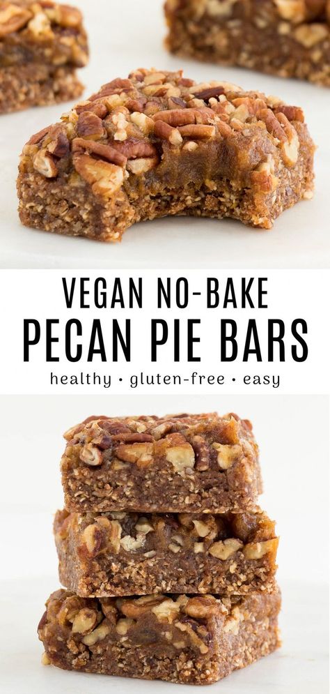 No bake pecan pie bars are a sweet treat that's perfect for the holiday season! Classic pecan pie is magically transformed into these secretly-healthy bars with just 7 ingredients. The soft and chewy, cinnamon-rich crust is made with oats and almond flour, then topped with salted date caramel and crunchy pecans. They're vegan, gluten-free, naturally sweetened, and contain no added sugar! No Bake Pecan Pie, Healthy Pecan Pie Bars, Classic Pecan Pie, Vegan Pecan, Plat Vegan, Dessert Parfait, Dessert Cookies, Dessert Sans Gluten, Pecan Bars