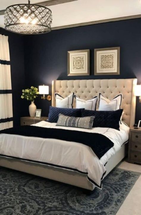 These budget-friendly ideas for revamping a small bedroom will help ensure your design is chic without straining your finances! Spa Like Bedroom, Navy Bedrooms, Blue Bedroom Ideas, Navy Blue Bedrooms, Blue And White Rug, Blue Accent Walls, Relaxing Bedroom, Accent Wall Bedroom, Small Bedroom Decor