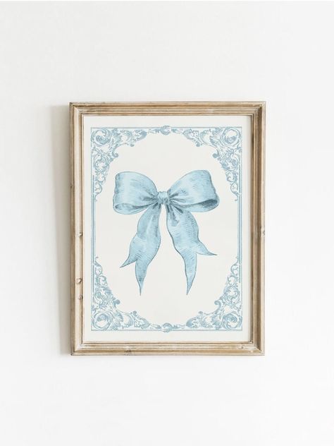 Light Blue Bow Wallpaper, Dorm Posters Art Prints Blue, Coquette Wall Decor Prints, Bow Poster Print, Light Blue Nursery, Bow Printable, Wall Art Coquette, Blue Coquette, Cute Dorm