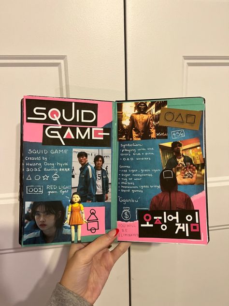 Squid Game Scrapbook, Squid Game Journal Ideas, Tv Show Journal Page, Journal Movie Page, Squid Game Journal, Film Journal Cover, Netflix Journal, Movie Review Journal, Movie Journaling