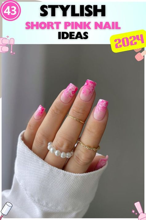 Pink French tips with marble effect on square short nails, glossy gel polish, perfect for elegant and sophisticated looks. Short Natural Nails, Short Pink Nails, Hot Pink Shorts, Natural Nail Designs, Nail Designs Spring, Pink Shorts, Bubblegum Pink, Short Nails, Natural Nails