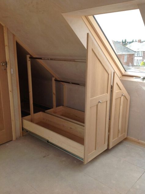 Pull out wardrobe http://www.atticdesigns.co.uk Wooden Walk In Wardrobe, Pull Out Stair Storage, Pull Out Coat Storage, Loft Room Storage Ideas, Pull Out Closet Storage, Attic Door Ideas Pull Down, Attic Cupboards, Loft Wardrobe Ideas, Loft Storage Ideas