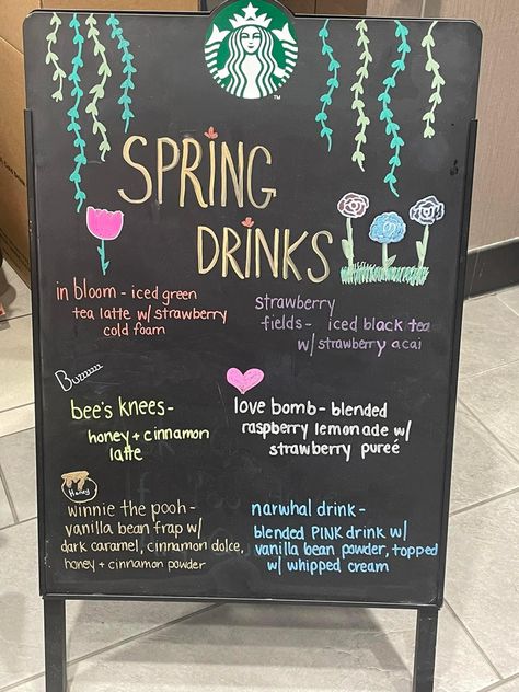 Spring Coffee Shop Signs, Starbucks Drinks Spring, Starbucks Spring Drinks, Spring Starbucks Chalkboard Art, Starbucks Spring Chalkboard, Starbucks Board Ideas, Spring Coffee Drinks, Starbucks Teas Drinks, Starbies Drinks