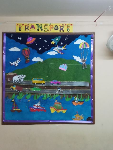 Transport theme board for preschool Transport Display Eyfs, Transportation Theme Preschool Decoration, Transport Display Board, Transport Theme Classroom Decoration, Transport Board Ideas, Transport Theme Board, Transport Theme Board Ideas, Transportation Theme Board, Transportation Door Decoration Preschool