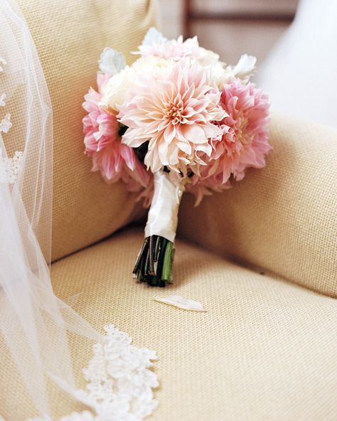 19 Single-Flower Wedding Bouquets for Minimalist Brides #WeddingBouquets #MinimalistWedding #WeddingInspiration #WeddingFlowers | Martha Stewart Weddings - Single-Flower Wedding Bouquets for Minimalist Brides Tan Couch, Dahlia Wedding Bouquets, Wedding Bouquet Pink, Dahlia Wedding, Pink Dahlias, Small Bridal Bouquets, Small Wedding Bouquets, Simple Wedding Bouquets, Dahlias Wedding