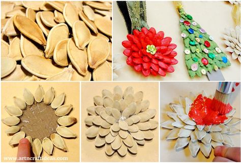 Pumpkin Seed Art, Diy Pumpkin Seeds, Pumpkin Seed Crafts, Seed Craft, Christmas Pumpkins, Reading Diy, Decorated Gift Bags, Diwali Craft, Ornament Tutorial