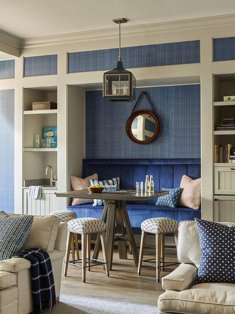 Blue Velvet Channel Tufted banquette with Pub Height Table - Transitional - Dining Room Cottage Style Dining Room, Tufted Banquette, Pub Height Table, Blue Bookcase, Block Print Wallpaper, Lacquered Walls, French Dining Chairs, Wicker Coffee Table, Transitional Dining Room