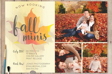 Fall Mini Session PSD Template by cardcandy on @graphicsmag Watercolor Photography, Halloween Mini Session, Fall Minis, Mini Photo Sessions, Mini Session Template, Fall Mini Sessions, Fall Mini, Fall Watercolor, Photography Marketing