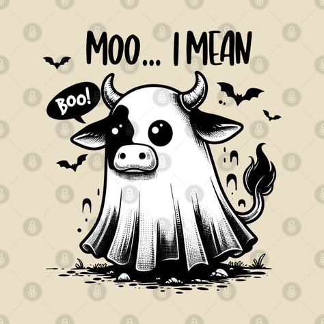 Check out this awesome 'Ghost+Cow+Moo+I+Mean+Boo+Funny+halloween+Cow+Boo' design on @TeePublic! Moo I Mean Boo, Funny Halloween Tattoos, Funny Cow Quotes, Highland Cow Cartoon, Autumn Tattoos, Mushroom Cow, Cow Drawings, Highland Cow Tattoo, Cow Cartoon Images