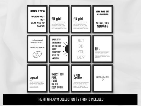 A mockup of 12 motivational posters featuring humorous gym quotes such as "Body type: works out but says yes to tacos" and "Fit girl." Home Gym Art, Gym Girl Workout, Workout Decor, Gym Girlies, Workout Art, Gym Posters, Positivity Art, Luxury Home Gym, Female Workout