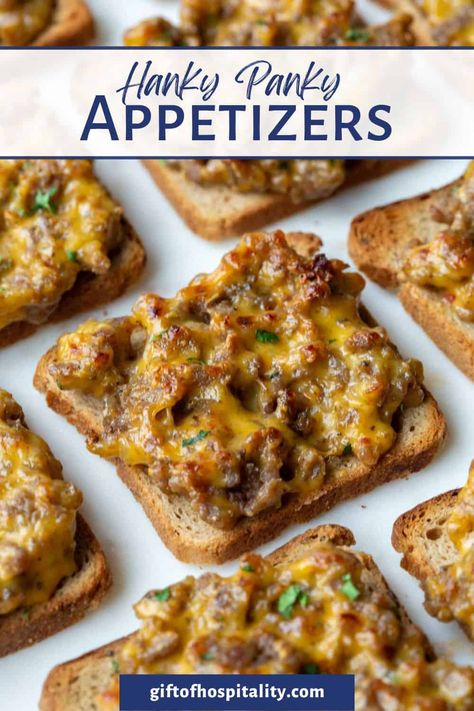 Hanky Panky Appetizers, also known as Polish Mistakes, Sausage Snacks, and SOS, are a creamy, cheesy hot appetizer served on toasted rye. These are always a crowd favorite! Polish Mistakes, Party Bread, Sausage Appetizers, Hot Appetizers, Classic Appetizers, Meat Appetizers, Finger Foods Easy, Appetizers Easy Finger Food, Best Appetizer Recipes