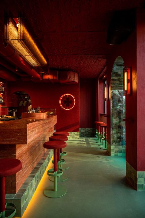 Red Ceiling, Italian Bar, Green Flooring, Boutique Interior, Green Tile, Green Interiors, Red Walls, Red Interiors, Restaurant Interior