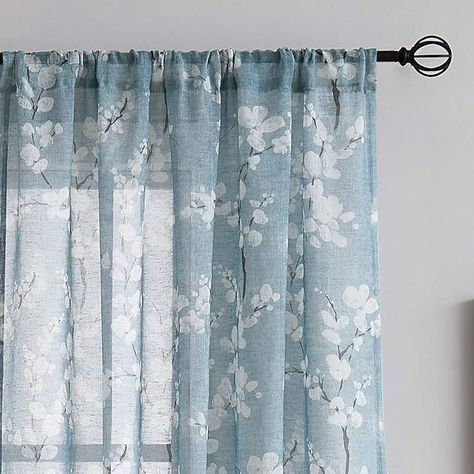 Amazon.com: FMFUNCTEX Blue Sheer Curtains for Living-Room White Blossom Print on Flax Linen Blend Window Drapes 50" W x 63" 2 Panels, Rod Pocket : Grocery & Gourmet Food White Curtains Living Room, Voile Panels, Sheer Linen Curtains, White Blossom, White Sheer Curtains, Farmhouse Curtains, Country Curtains, Sheer Curtain Panels, Room White