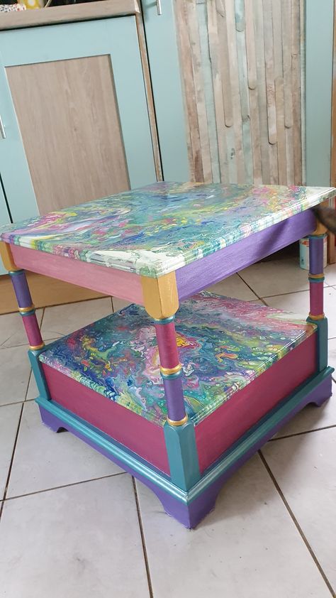 Acrylic Pour Painting Furniture, Pour Paint Coffee Table, Unicorn Spit Side Table, Rainbow Distressed Furniture, Hand Painted Furniture Trippy, Creative Painting, Resin Table, Flipping Furniture, Wooden Tables