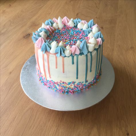 Gender Reveal Drip Cake, Gender Reveal Dessert, Baby Reveal Cakes, Simple Gender Reveal, Creative Gender Reveals, Cake For Boyfriend, Candy Birthday Cakes, 6th Birthday Cakes, Novelty Birthday Cakes