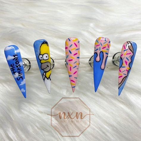 50 Best Summer Nails You Need to Try 2023 | Summer Nails Art Characters Nails Design, Nail Art For Competition, Simpson Nails Acrylic, Simpsons Nails Art, Nail Art Competition Ideas, Beavis And Butthead Nails, Character Nail Art Designs, Nail Art Designs Cartoon Characters, The Simpsons Nail Art