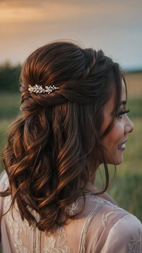 Dazzling Bridesmaid Hair Inspirations: Make Heads Turn! - pulsepathlife.com Half Up Half Down Hairstyles Medium Length, Bridesmaid Hair Half Up Short, Medium Length Bridal Hair, Hair Inspo Ideas, Medium Length Styles, Hair Poof, Bridesmaid Looks, Partial Updo, Bridesmaid Hair Inspo