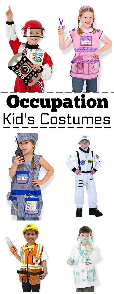 Kids LOVE playing dress up and these occupation kid's costumes are the perfect choice when looking for both pretend play outfits and kid's Halloween costumes! I love that she includes some creative occupations that kids might not see every day! Career Dress Up Day For Kids, Career Costumes, Childrens Halloween Costumes, Pretend Play Costumes, Teacher Costumes, Up Costume, Play Outfit, Dress Up Day