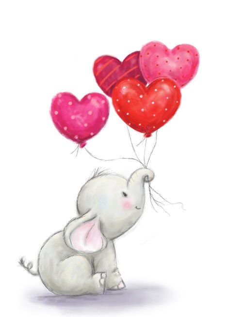 Baby Elephant Drawing, Elephant Sitting, Sending Lots Of Love, Heart Shaped Balloons, Baby Animal Drawings, Happy Valentines Day Images, Elephant Drawing, Happy Valentines Day Card, Baby Painting