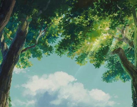 Green Anime Study Aesthetic, Studio Gibhli Aesthetic, Plant Anime Aesthetic, Studio Ghibli Trees, Soft Green Anime Aesthetic, Pastel Green Anime Aesthetic, Gibly Studios Aesthetic, Ghibli Nature Aesthetic, Green Ghibli Aesthetic