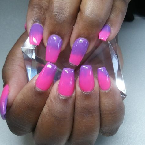 @SauceCNailz Pink and Purple ombre' acrylic nails Purple Ombre Nails Almond, Black And Purple Ombre Nails, Pink Purple Ombre Nails, Hot Pink And Purple Nails, Pink And Purple Ombre Nails, Ombre Nails Almond, Pink And Purple Nails, Purple Ombre Nails, Ombre Acrylic