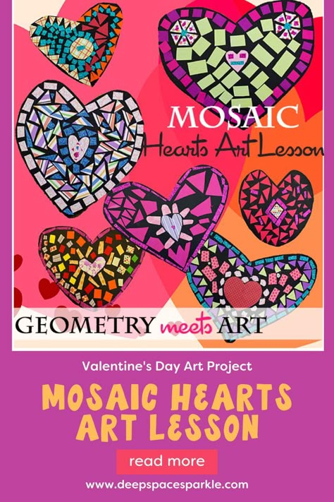 Mosaics is a familiar art form for kids and the physical act of piecing shapes together to form a beautiful pattern is filled with learning opportunities. This lesson is easily adaptable for older kids by making the heart shape larger and requiring more complex patterns, but it can be simplified as well. Valentine Art For Kindergarten, Vpk Art Projects, February Art Lessons For Elementary, Valentines Art Projects Elementary, Shape And Form Art Projects, Reggio Shapes, February Art For Elementary Students, Valentine Art Projects Middle School, Heart Projects For Kids