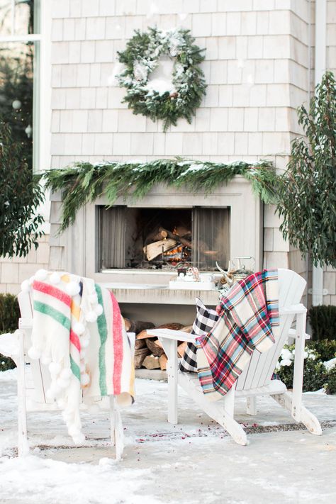 Patio Fireplaces, Outdoor Fireplace Ideas, Christmas Banister, Monika Hibbs, Christmas Entry, Patio Fireplace, Welcome To My House, Christmas Dinner Party, Christmas Fireplace Decor