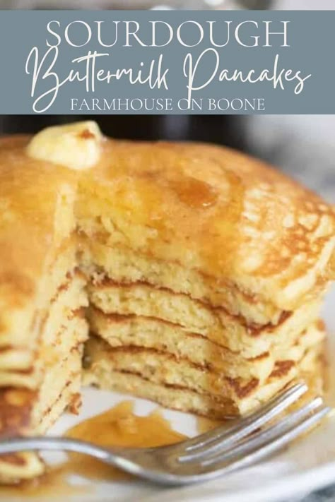 The best sourdough buttermilk pancakes have a fluffy texture and tasty tangy flavor. The perfect weekend breakfast that everyone will love. This easy breakfast can be started the night before making the next day a breeze to whip up some delicious pancakes. #farmhouseonboone #sourdoughpancakes #sourdoughbuttermilkpancakes Fluffy Homemade Pancakes, Sourdough Pancakes Recipe, African Stew, Homemade Pancakes Fluffy, Bread Booze Bacon, Buttermilk Bread, Sourdough Pancakes, Keto Pancakes, African Recipes