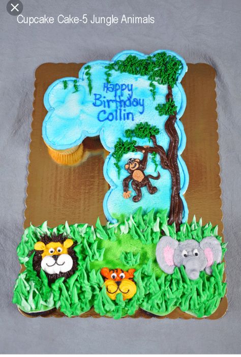 Zoo Animal Sheet Cake, Wild One Cupcake Cake, Safari Pull Apart Cupcakes, Wild One Birthday Cupcakes, Zoo Theme Birthday Cake, Jungle Theme Cupcakes, Jungle Cupcakes, Safari Cupcakes, Monkey Cupcakes