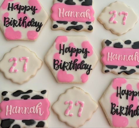 Cow Print Cookies, Cow Print Birthday, Cow Cookies, Dream Birthday, Pink Cookies, Western Birthday, Cow Birthday, Cupcake Birthday Cake, 27th Birthday