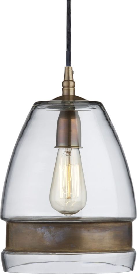 $199 Morela Glass Pendant Lamp Morela Glass Pendant Lamp. 8.5" dia. x 11"H Clear glass shade with brass band Brass 6"dia. ceiling plate Historic Edison decorative bulb recommended (accommodates up to 12W CFL or 40W incandescent bulb) 10' black cord Kitchen Pendant Lights Over Island, Pendant Lights Over Island, Mercury Glass Pendant Light, Lights Over Island, Kitchen Pendant Lights, Kitchen Pendant, Contemporary Pendant Lights, Copper Lighting, Contemporary Lamps