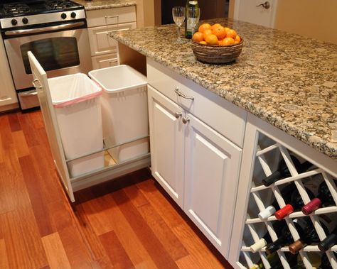 Kitchen Island With Trash Bin, Kitchen Island Oven, Kitchen Remodel White Cabinets, Kitchen Remodel White, Off White Kitchen Cabinets, Undercabinet Lighting, Traditional Kitchen Remodel, Wine Storage Cabinets, Off White Kitchens