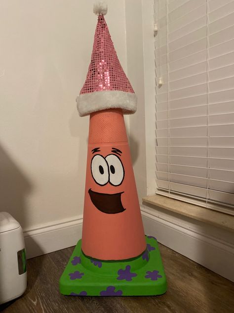 Patrick Traffic Cone Painting, Traffic Come Paintings Ideas, Patrick Traffic Cone, Traffic Cone Ideas, Traffic Cone Painted, Traffic Cone Painting Ideas, Cone Painting Ideas, Patrick Painting, Weird Hobbies