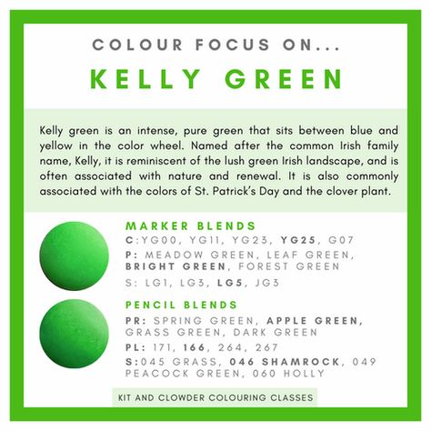 06 Kelly Green | COLOR FOCUS Colored Pencil Combinations, Focus Blend, Marker Color, Color Of The Week, Irish Landscape, Colored Pencil Techniques, Color Spectrum, Color Psychology, Green Landscape